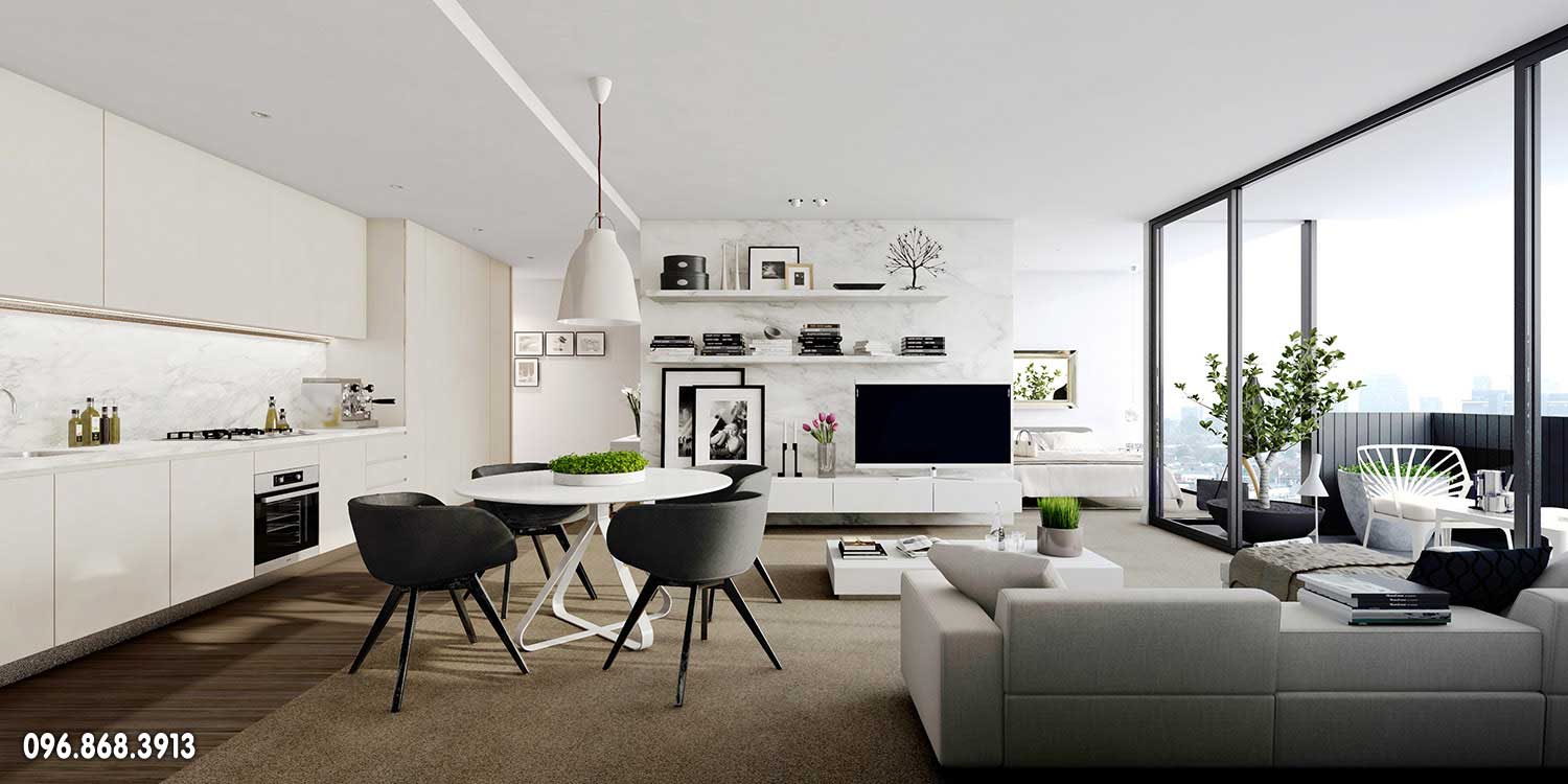 Mẫu thiết kế nội thất chung cư cao cấp đẹp với phòng khách và bếp liên thông