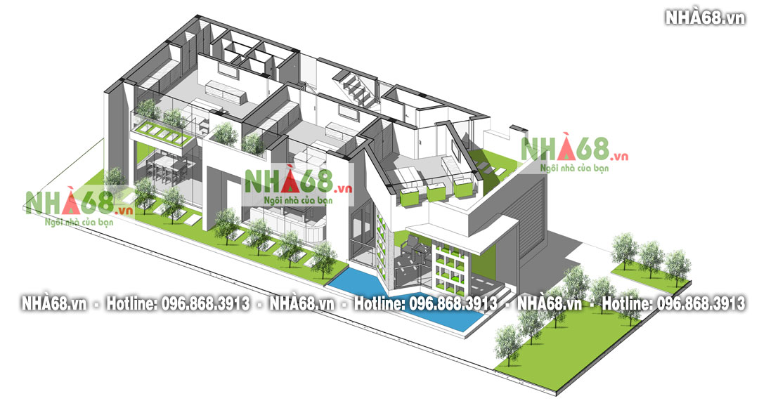 Mẫu biệt thự 2 tầng với vẻ đẹp hiện đại cùng những mảng xanh lớn | BT68-001